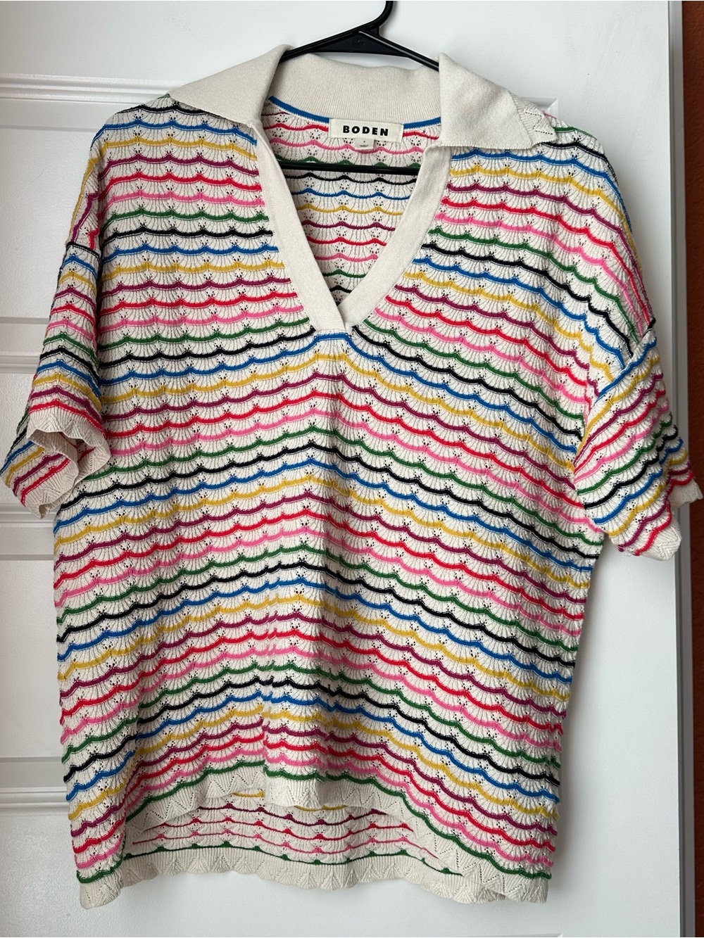 Boden Scallop Stripe Collard Henley Sweater MultiColor 100% Cotton Small - Picture 3 of 6